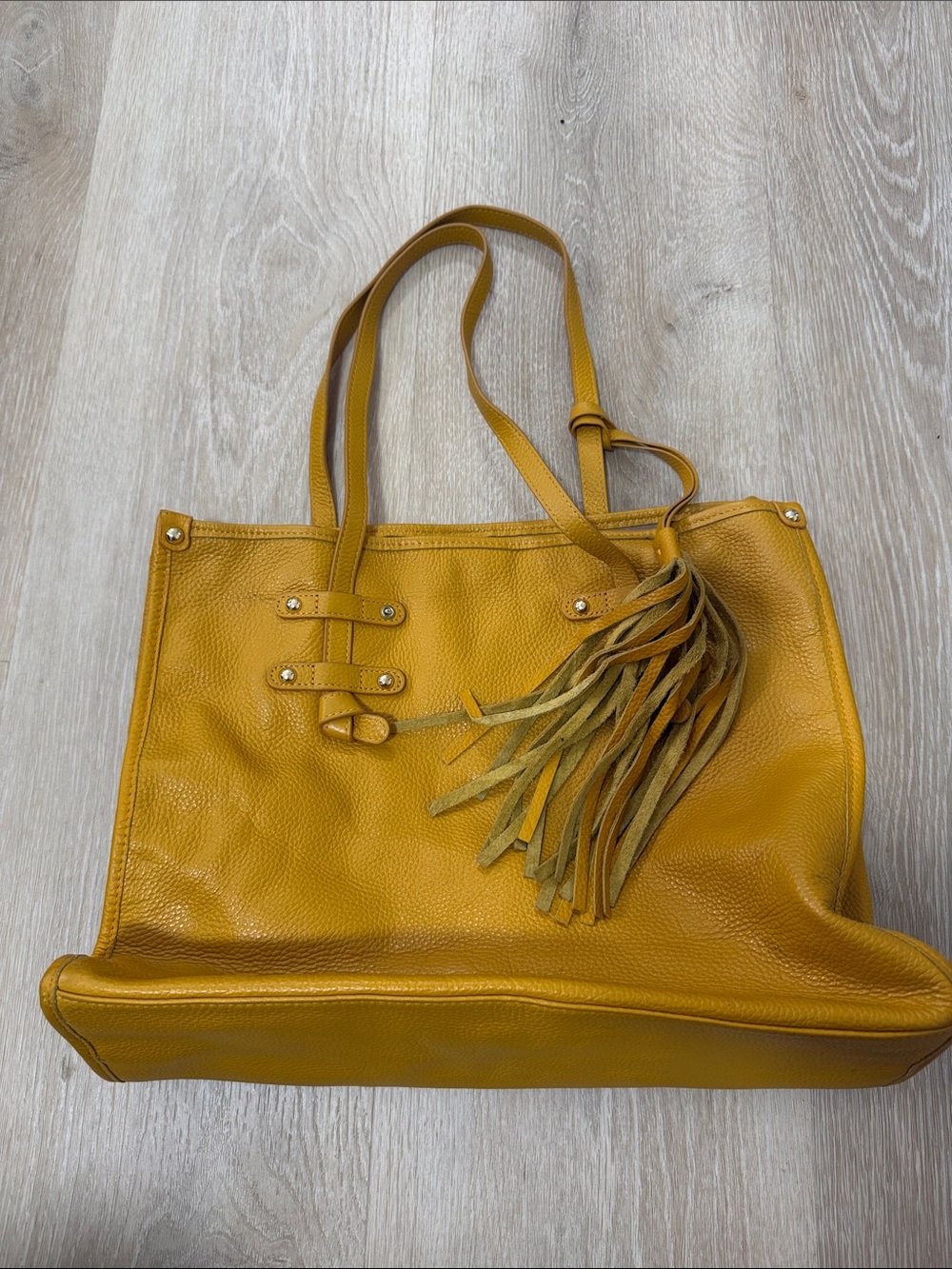 Leather Tassel Tote in Mustard Yellow